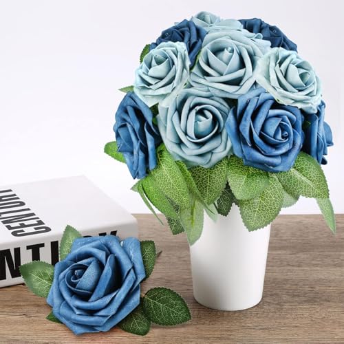 Higfra Artificial Flowers 50 Stems Realistic Roses - Lifelike Fake Flowers for Wedding Bouquets, Baby Shower Decor, Home Centerpieces, DIY Floral Arrangements (Dusty Blue Shades, 50Pcs) - color: Dusty Blue Shades, size: 50Pcs