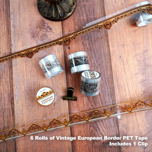 6 Rolls Vintage European PET Border Tape with Clip, Baroque Carved Look Peel and Stick Decorative Trim for Scrapbook Journal Collage Planner Crafts - color: European Carving
