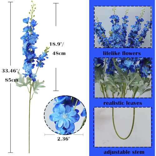 Royal Blue Delphinium Artificial Flowers, 8PCS Long Stem Blue Flowers for Tall Vase 33.5" Faux Larkspur Fake Flowers for Floral Arrangement Wedding Centerpieces Home Table Decor - color: Royal Blue