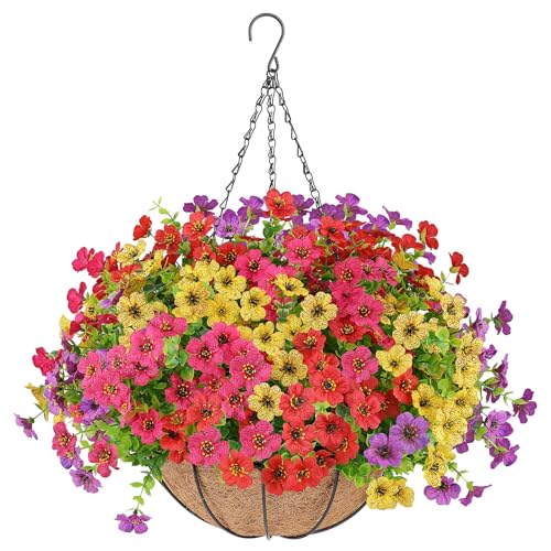 Artificial Flowers Hanging Plants in Basket,Artificial Hanging Flowers for Outdoor Indoor Decor,UV Resistant hanging Baskets with Fake Flowers for Spring Summer Patio Garden Porch Deck Home Decor - color: Multi Color, size: 1PCS