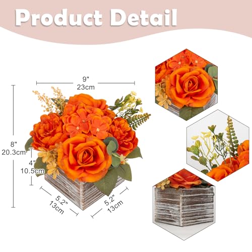 Flower Arrangement with Wooden Vase 8" Artificial Flowers in Pot - Fake Flowers Roses Peonies Hydrangeas in Wooden Vase Potted Artificial Flower Centerpieces for Table Decor Living Room - Burnt Orange - color: 8"h Burnt Orange