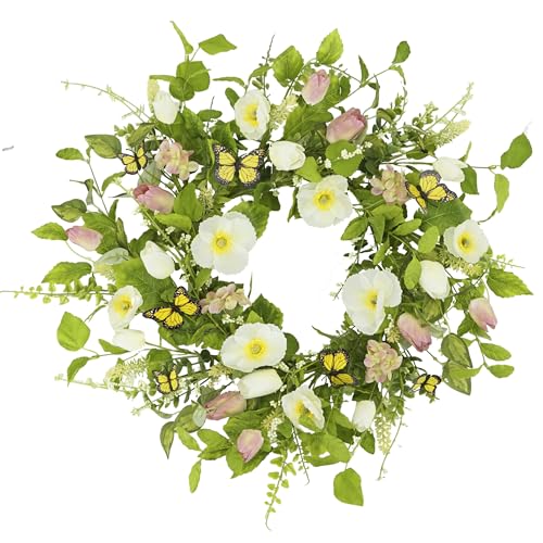YNYLCHMX 20" Spring Summer Wreaths for Front Door, Artificial Floral Wreath with White Flower Eucalyptus Leaves Butterfly, Green Foliage Wreath for Wall Window Farmhouse Party Holiday Home Decor - color: White Flower