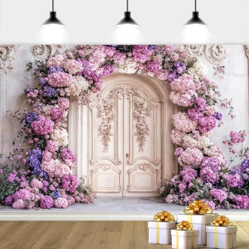 7X5ft Flower Backdrop Purple Floral Arch Retro Door Photography Backdrops Modern Interior European Style Wall Decoration Wedding Portrait Background Studio Photo Booth Props - color: Multi3, size: 7X5ft