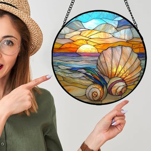 Stained Glass Window Hanging - Colorful Beach Shells Conch Sun Catcher for Door Home Decor Ocean Suncatcher Christmas Mother's Day Birthday Sea Lover Gifts for Women Men Mom Nana 9.8 in - color: Colorful, size: 9.8x9.8 IN