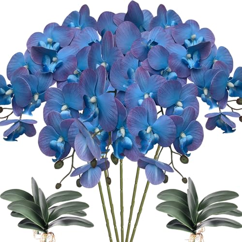 HinyoCo 5 Pcs Artificial Orchid Flowers and 4 Bundles Leaves, Artificial Phalaenopsis Flowers 32 Inch Stem Plants for Home Wedding Decoration (Blue and purple edges), US10039 - color: Blue and Purple Edges