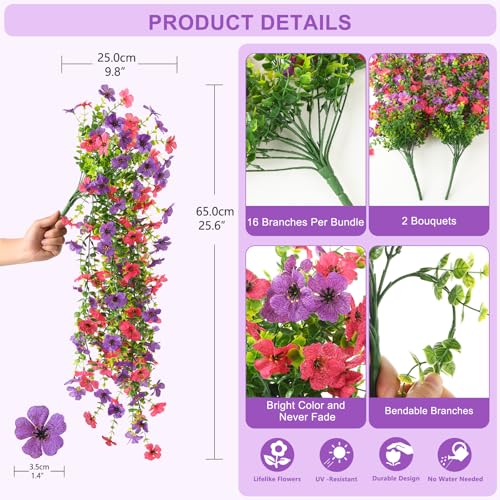Artificial Hanging Flowers for Outdoors, 2 Pcs Fake Hanging Plant Spring Summer Decoration, UV Resistant No Fade Faux Silk Daisy Flower for Planter Porch Patio Yard Garden Decor(Purple Hot Pink) - color: Purple Hot Pink