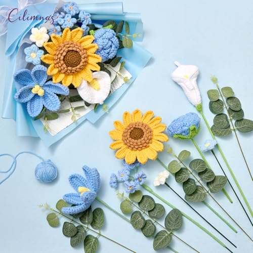 Crochet Flower Bouquet,Blue Knitted Flowers, Handmade Sunflowers Tulips Roses Bouquet for Valentine Day Birthday Anniversary Party Mother's Day Graduation Gifts(with Card) - color: Blue