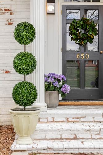 4.1FT Large Triple Ball Topiary Trees Artificial Outdoor Trees for Porch UV Resistant Pre-Potted Shrubs Boxwood Topiary,Large Fake Topiary for Home,Garden Decor (8.3"/9"/11" W.) Set of 2 - color: 4 Ft
