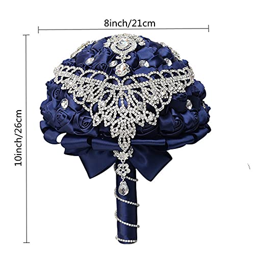 XINNI Brooch Bridal Wedding Bouquet Bride Bridesmaids Satin Rose Flower Bouquet with Bling Drop-Shaped Rhinestone for Wedding Navy Blue - color: Navyblue