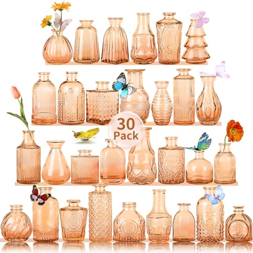 Valentine's Day Glass Bud Vases,Versatile Small Bud vases for Home and Wedding Decor, Exquisite Bridal Shower Table Centerpieces,Aromatherapy Bottles,Candle Holder, Gifts Idea(Pack of 30,Amber) - color: Amber, size: 30 pcs