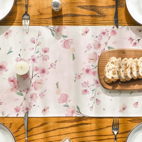 Artoid Mode Floral Cherry Blossoms Branches Summer Table Runner, Seasonal Spring Kitchen Dining Table Decoration for Home Party Decor 13x72 Inch