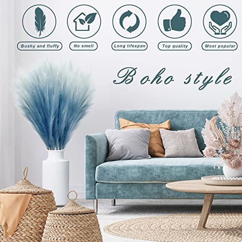KALYLOC 8Pcs 35.4” Blue Colorful Faux Pampas Grass, Fluffy Artificial Bulrush Branches Boho Decor, Filler Tall Pampas Grass Reed Fluffy Stems for Living Room Wedding Decoration - color: Blue