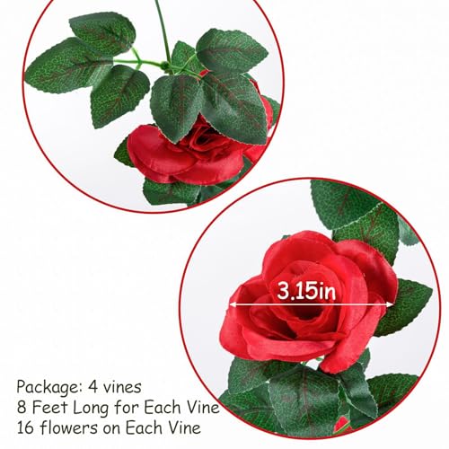 4 Pack (32FT) Artificial Rose Vine Fake Flowers Garland Hanging Silk Rose Ivy Plants Vine for Mother's Day Wedding Arch Party Wall Indoor and Outdoor Aesthetic Art Décor (Red) - color: Red