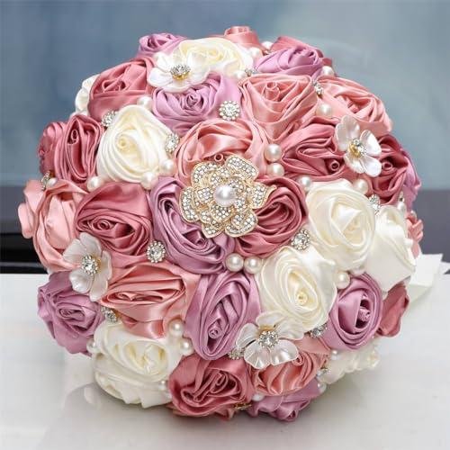 MaxxCloud 9.4‘’ Handmade Romantic Toss Bouquet for Bride Stunning Bridesmaid Brooch Wedding Bouquet with Jewelry Petals 3 Pink and Ivory - color: 3 Pink+ivory, size: 9.4''/24cm