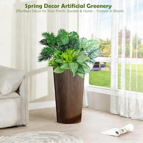 Artificial Plants Greenery Outdoor UV Resistant, 10 Bundles 24.8" Tall Faux Areca Palm, Monstera & Tropical Flowers, Large Fake Tropical Plants for Planters, Porch, Patio & Summer Decor - color: Green 2601