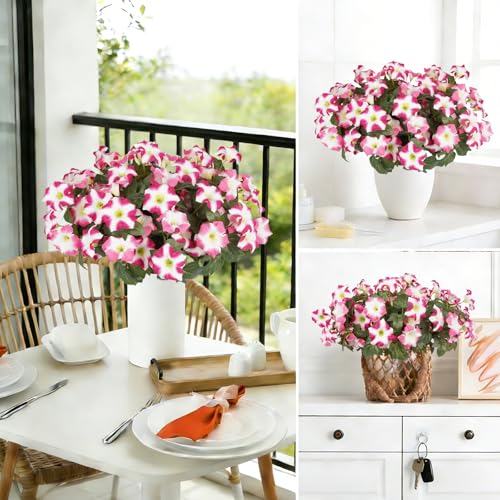 Artificial Flowers for Outdoors, Faux Petunias Spring Summer Decoration, Fake Flowers Plants UV Resistant Look Real Silk Flowers for Outside Planter Front Door Porch Patio Yard (6, Pink-White) - color: Pink-white