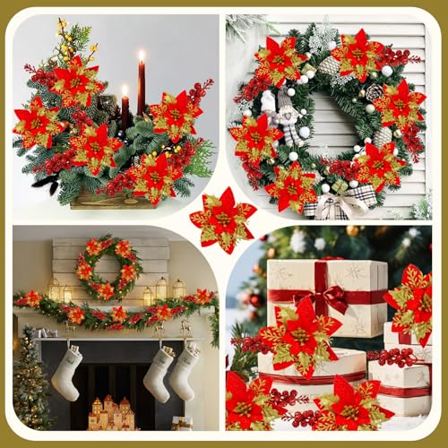 trytuny 50pcs Glitter Poinsettia Christmas Ornaments, Artificial Flowers with Clips Stems for DIY Wreath Making, Holiday Home Party Decorations, Indoor Use (Red) - color: Red