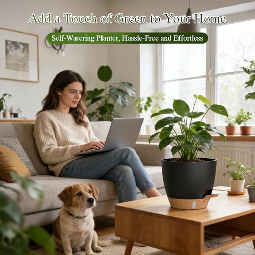 Self Watering Pots with Drainage Holes, 2 Pack 8 Inch Plant Pots with Water Level Indicator Deep Reservoir, Large Plastic Planter for Indoor Outdoor Plants - Black Brown - color: Black Brown, size: 8 Inch 2 Pack