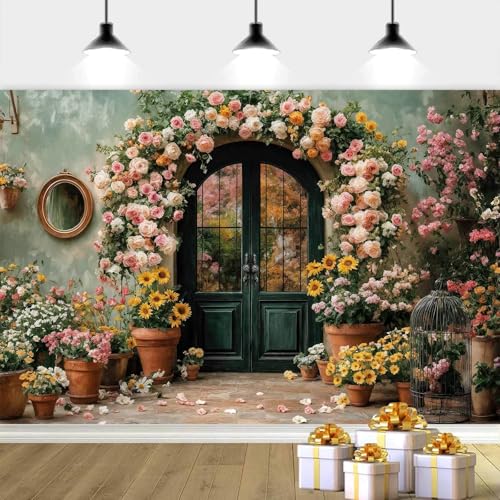 6X4ft Flower Backdrop Coloful Floral Arch Retro Door Photography Backdrops Modern Interior Rustic Style Wall Decoration Wedding Portrait Background Studio Photo Booth Props - color: Multi4, size: 6X4ft