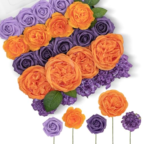 TINGE TIME Artificial Flowers, Fake Rose Silk Dahlia with Stems for DIY Bridal Wedding Bouquets Baby Shower Floral Arrangements Centerpiece Table Party Home Decorations (Burnt Orange and Purple) - color: Burnt Orange and Purple2