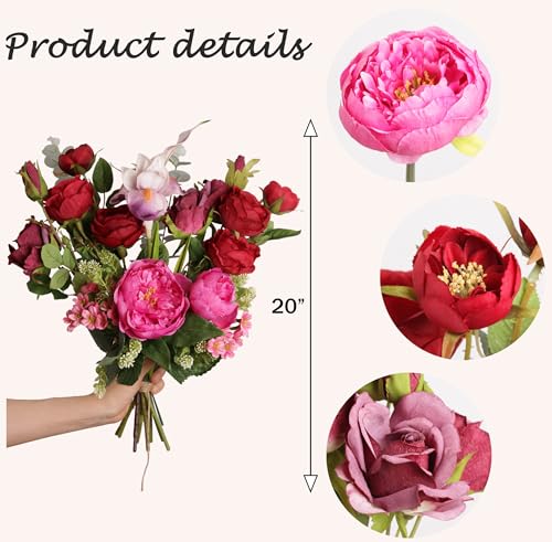 Artificial Flowers Arrangements, Fake Rose & Peony Real Touch Bouquet, Lifelike Faux Floral Assortment Centerpiece for Home Wedding Party Decor (Red & Pink Mixed)