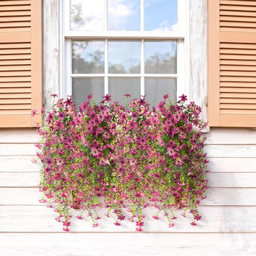 Artificial Hanging Flowers for Outdoors, 2 Pcs Fake Hanging Flowers Spring Summer Decor, UV Resistant Faux Artificial Outdoor Plants for Planter Front Door Porch Patio Garden Yard(Gradient Purple Red) - color: Gradient Purple Red
