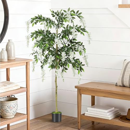 6FT Ficus Tree Artificial Indoor Tall Faux Wisteria Tree in Nursery Pot Fake Potted Tree with Blooming White Flowers and Real Wood Trunk for Home Office Living Room Decor