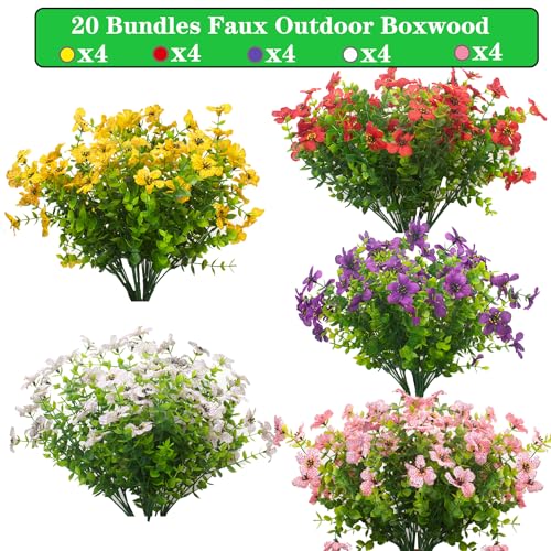 Grunyia 20 Bundles Artificial Flowers for Outdoors, UV Resistant Fake Plants Flowers Greenery Shrubs Plants for Decoration Outside Plants Hanging Planter Home Garden Decor - color: Mix
