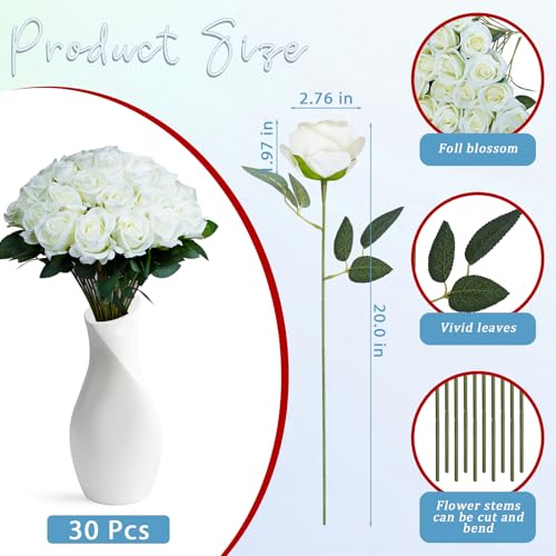 30pcs Fake Roses Artificial Silk Flowers Long Stems Bouquet for Wedding Bridal Shower Party Home Decoration (White) - color: White