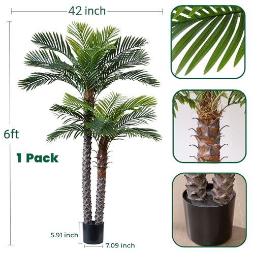 6FT Artificial Phoenix Palm Tree with Two Trunks UV Resistant Faux Sago Palm Plants for Indoor Outdoor, Realistic Large Tropical Decor for Home Office Patio Poolside Garden, Ready to Use in Cement Pot - color: 6ft-two Trunks-1pack, size: 6ft