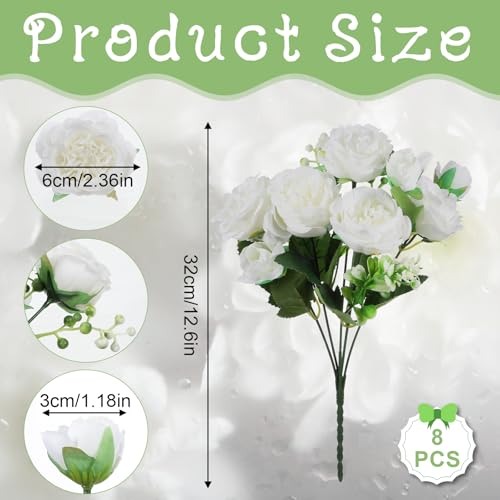 JJUNW 8 Bundles White Peonies Artificial Flowers, White Fake Peonies Silk Flowers with Stems Bulk Bouquet Reusable Realistic for Vase Floral Arrangements Wedding Table Decoration