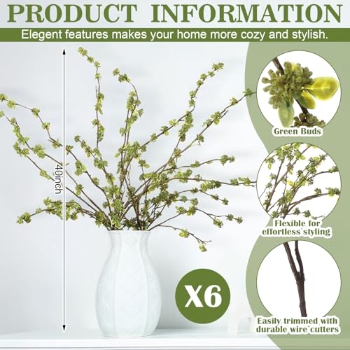 Zeyune 6 Pcs Artificial Branches with Green Buds 40" Evergreen Faux Plastic Plant Stem Picks Sprigs for Vase DIY Home Office Wedding Party Indoor Outdoor Modern Decor, No Vase (Regular Style) - color: Green, size: Regular Style