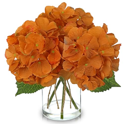 Hydrangea Artificial Flowers with Glass Vase, Orange Real Touch Silk Hydrangea Arrangement with Faux Water, Small Faux Floral Centerpiece for Home Decor, Wedding, Bathroom, Shelf, Coffee Table - color: Orange-hydrangea