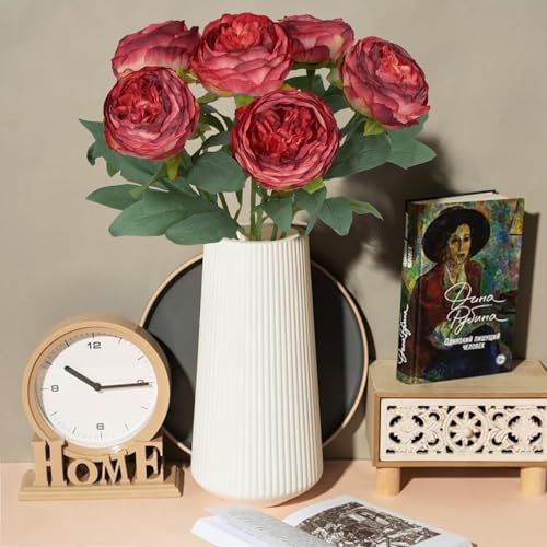 Peonies Artificial Flowers,6PCS Vintage Fake Red Flowers 19.7" Silk Flowers with Stems for Wedding Bridal Bouquet Home Party Office Decoration(Red) - color: Red