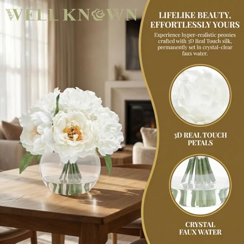 WELL KNOWN Artificial Flowers in Vase, Silk White Peonies Flowers with Glass Vase & Faux Water, Fake Flower Arrangement for Home Table Centerpieces Spring Wedding Party Decor Mom's Birthday Gift - color: Ivory White