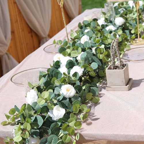 MISSPIN 2pcs Artificial Flowers Garland Spring Eucalyptus Garland Vintage Fake Flower Peony Rose Vine Greenery Decorative Wall Hanging Plant for Wedding Arch Door Arrangement Party Decor (White,2pcs) - color: White,2pcs