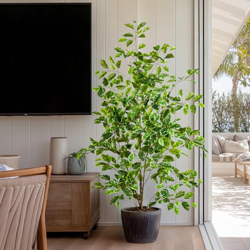 Bailikang Artificial Ficus Tree Indoor 4ft, Large Potted Faux Tree with Realistic Silk Leaves & Trunk for Home Office, Living Room Corner Decor - color: White Green, size: 4ft