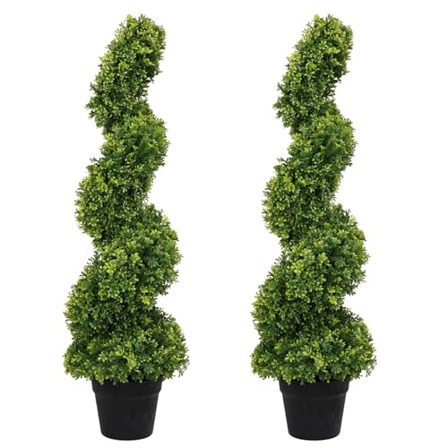 3ft Spiral Boxwood Topiary Trees Artificial Outdoor Set of 2 - UV Resistant Faux Plants for Outside Planters, 36" Fake Twisted Tree for Front Porch Decor - color: Milan Foliage, size: 3FT