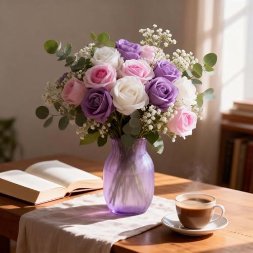 12PCS Artificial Realistic Silk Fake 3-Colored Roses Long Stem | 3 Colors Mixed Roses For Wedding Decoration, Party Table Decoration, Valentines Mother's Day - color: 4 Pink/4 White/4 Purple