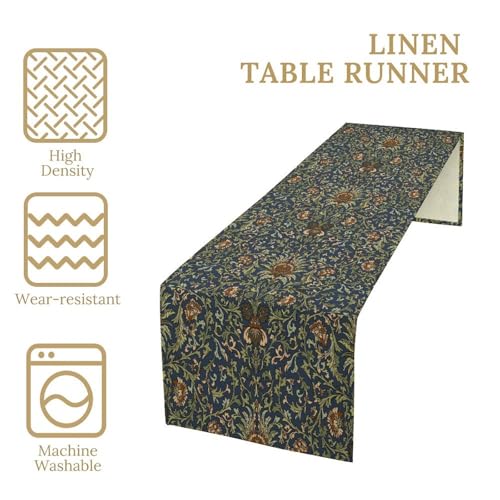 William Morris Style Plant Table Runner for Table Decor, Rustic Blue Art Flower Vintage Floral Botanical Bird Printed for Kitchen Dining Room Living Room Party Office Holiday Decorate 13" x 36" - color: William Morris_9, size: 13"W x 36"L (Pack of 1)
