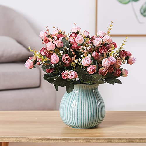 Duovlo 7 Branch 21 Mini Rose Heads Artificial Flowers Bouquet Wedding Home Office Decor,Pack of 2 (2 PCS Pink) - color: 2 Pcs Pink
