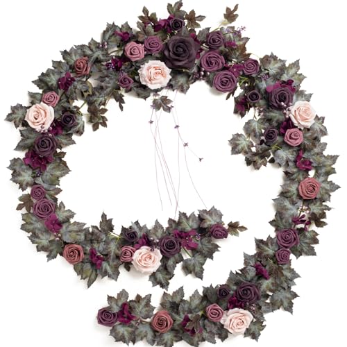 Ling's moment 9FT Flower Garland for Backdrop Decorations - Wedding Arch Flowers, Eucalyptus & Rose, Artificial Floral Garland for Mantle - Sweetheart Table Decor for Beach Reception, Purple - color: Prpl-deep Plum