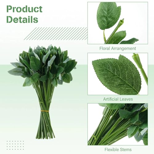100 Pcs Rose Stems with Leaves & 100 Pcs Flower Calyxes Set, Fake Flower Stems Artificial Flower Sepals, Floral Arrangement Supplies, DIY Artificial Flowers Tools for Bouquet Wedding Party - color: 100pcs