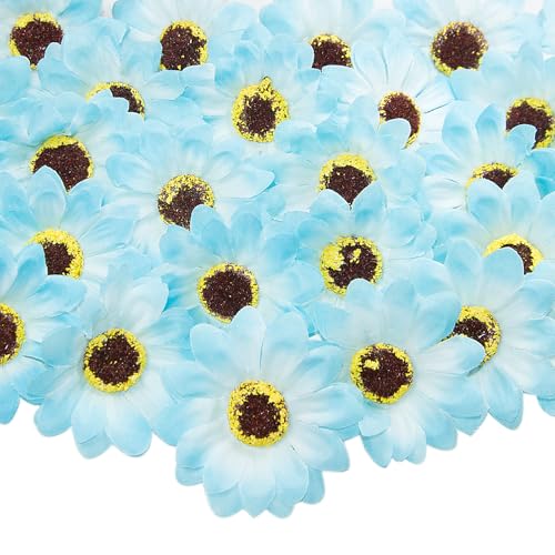 50 Pcs Faux Sunflower Heads for Craft, 2.76 Inch Artificial Sunflower Flower Heads, Light Blue Flowers Silk Sunflower Bulk for Home Wedding, Clothing Accessories, Hair Decoration - color: Light Blue