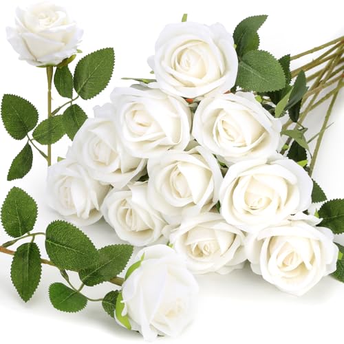 Roses Artificial Flowers, Silk Roses with Stems for Wedding Bridal Bouquets, Valentine Anniversary Mother's Day Get Well Hostess Housewarming Gifts, Indoor Outdoor Decor Party Centerpiece (12, White) - color: White