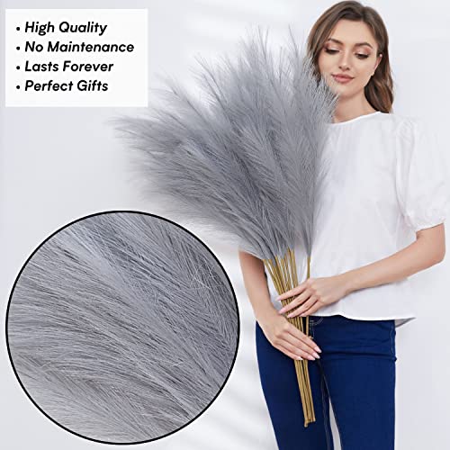 Faux Pampas Grass, Set of 9 Stems 37'' Tall Fluffy Fake Pompas Floral, Large Artificial Pompous Branches for Floor Vase Fillers, Pompas Decorativas, Boho Farmhouse Wedding Home Decor(Grey) - color: Grey