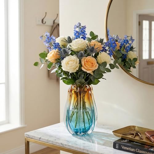 Hand Blown Glass Vase for Flowers, 9.45" Unique Murano Style Art Glass Vase, Fluted Teal Amber Ombre Decorative Vases for Home Decor, Living Room Table Centerpiece, Bookshelf, Wedding Gift
