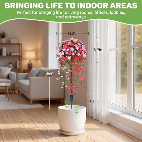 Grooy Artificial Plants Flowers Topiary Ball for Outdoor, 2 Pack Fake Silk Morning Glory Plant Bushes, UV Resistant Realistic Plants Shurbs for Outside,Front Porch,Patio,Yard(Pink) - color: Pink Morning Glory