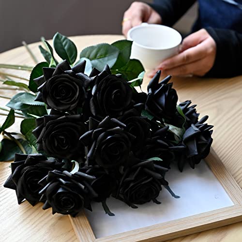 ZMZQ&flw Black Roses Artificial Flowers 12PCS, Real Touch Silk Flowers, Realistic Single Fake Flower with Individual Stems Leaves - color: Black 12pcs