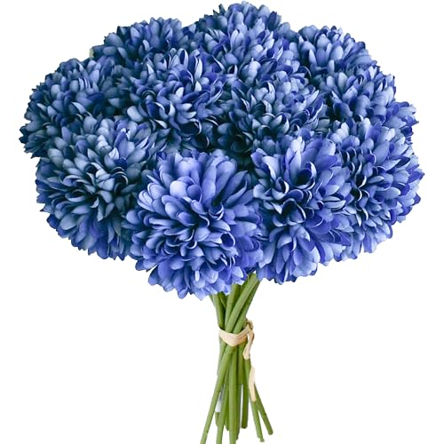 Mandy's 12pcs Artificial Royal Blue Chrysanthemum | 11.8 inch Artificial Mums Flowers for Home Table Centerpiece Summer Decor Silk Flowers for Porch Patio and Wedding - color: Royal Blue